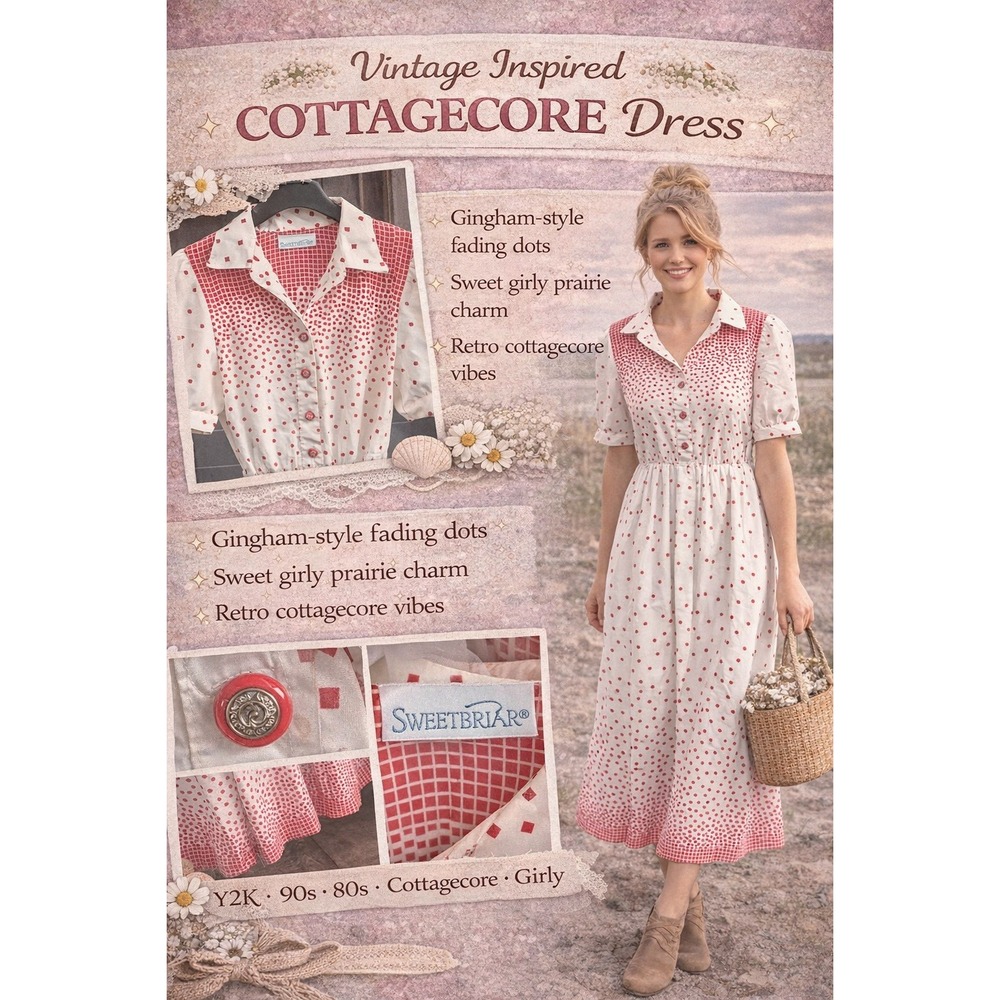 Sweetbriar Vintage Cottagecore Dress Red White Geometric Square Dot Midi 80s 90s